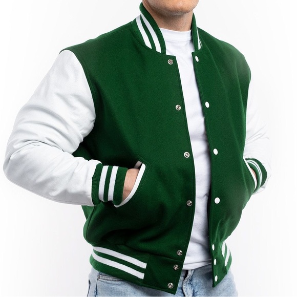 Men's Varsity Jacket Genuine Leather Sleeve and Wool Blend Letterman jacket - Picture 3 of 6